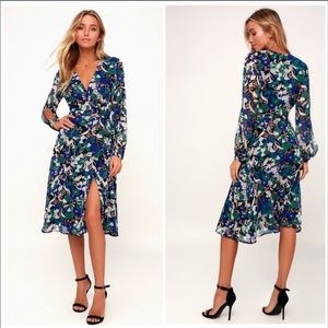 Lulus Black Floral Wrap Midi Dress